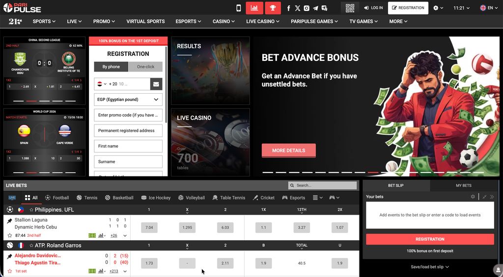 PariPulse homepage with welcome bonus banners and live betting section