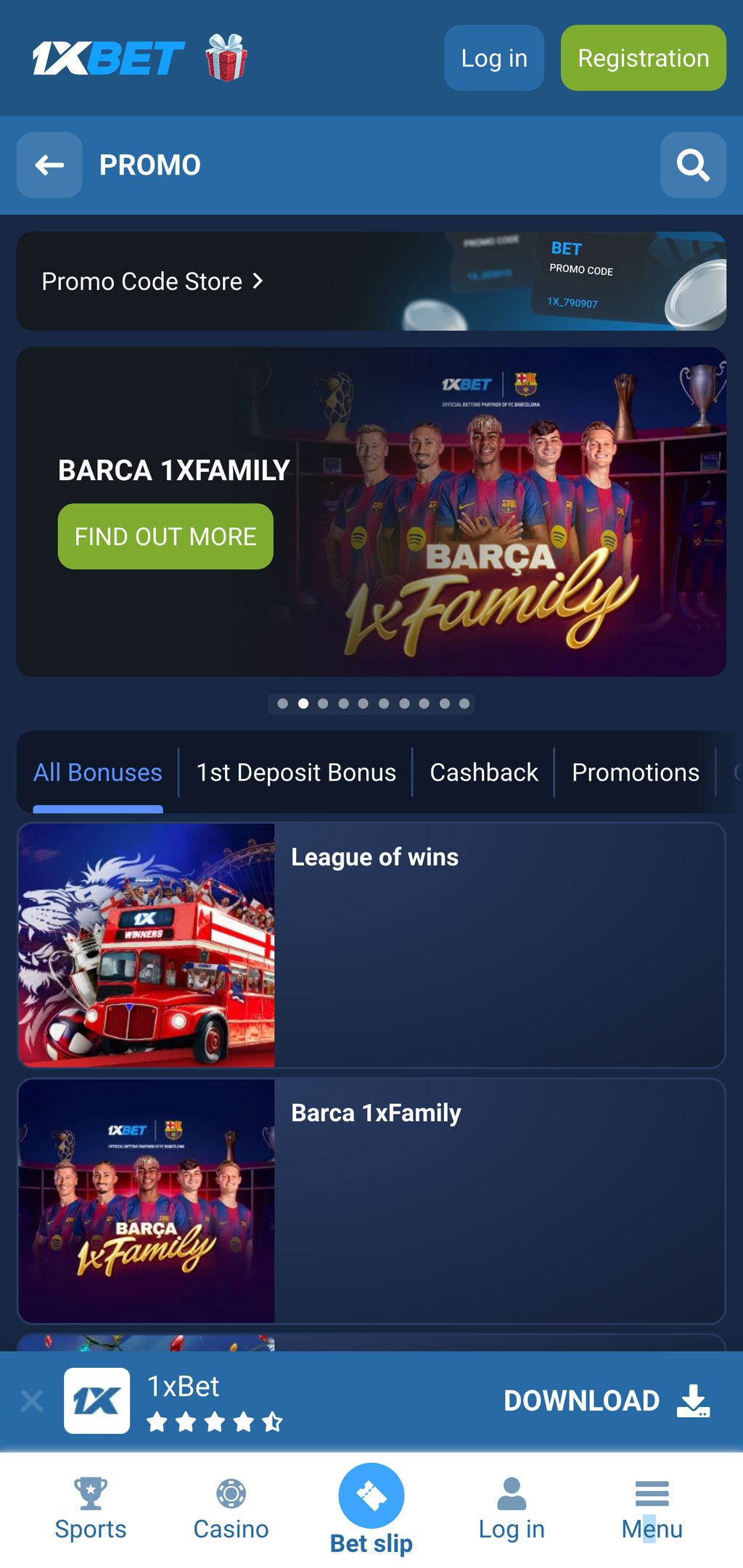 1xBet promotions page