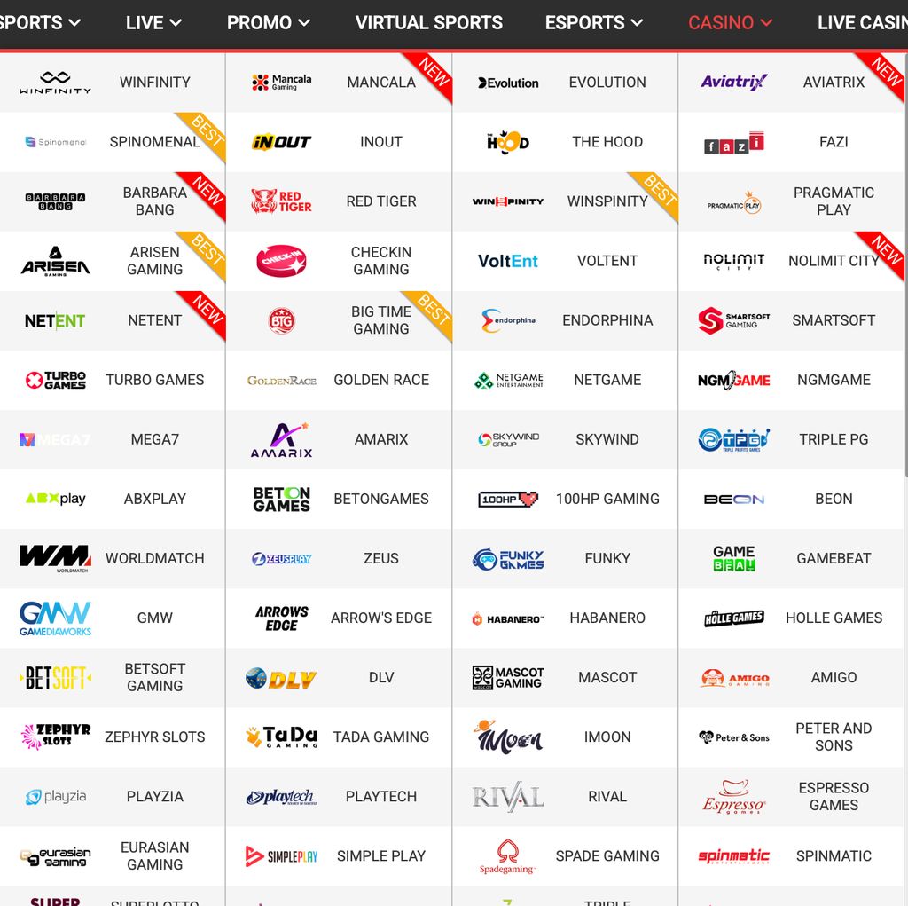 Part of the game provider list at PariPulse casino