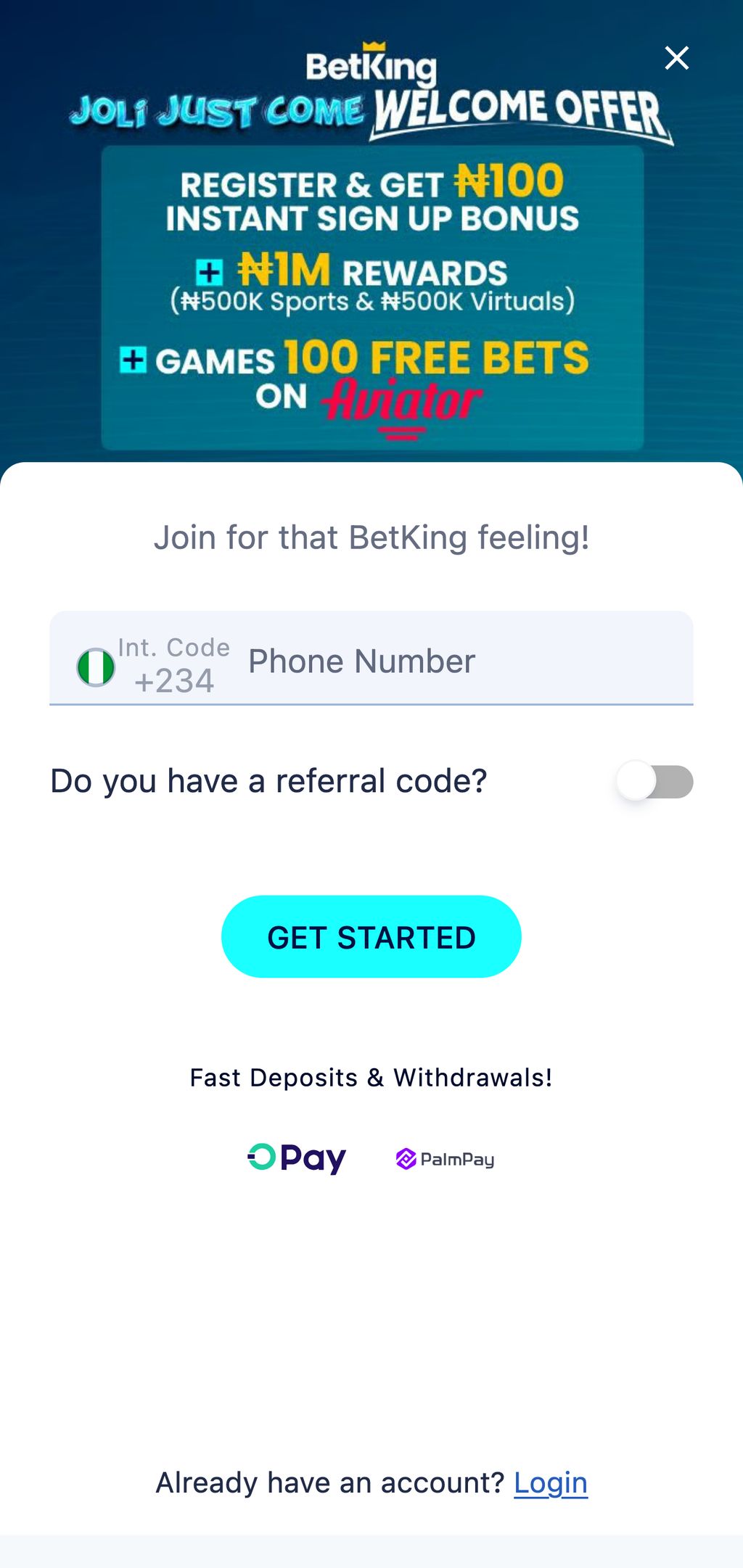 BetKing registration page