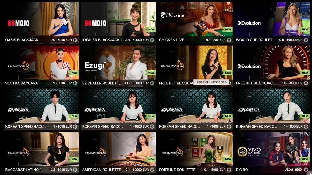 Live casino lobby at PariPulse with blackjack, roulette and baccarat tables