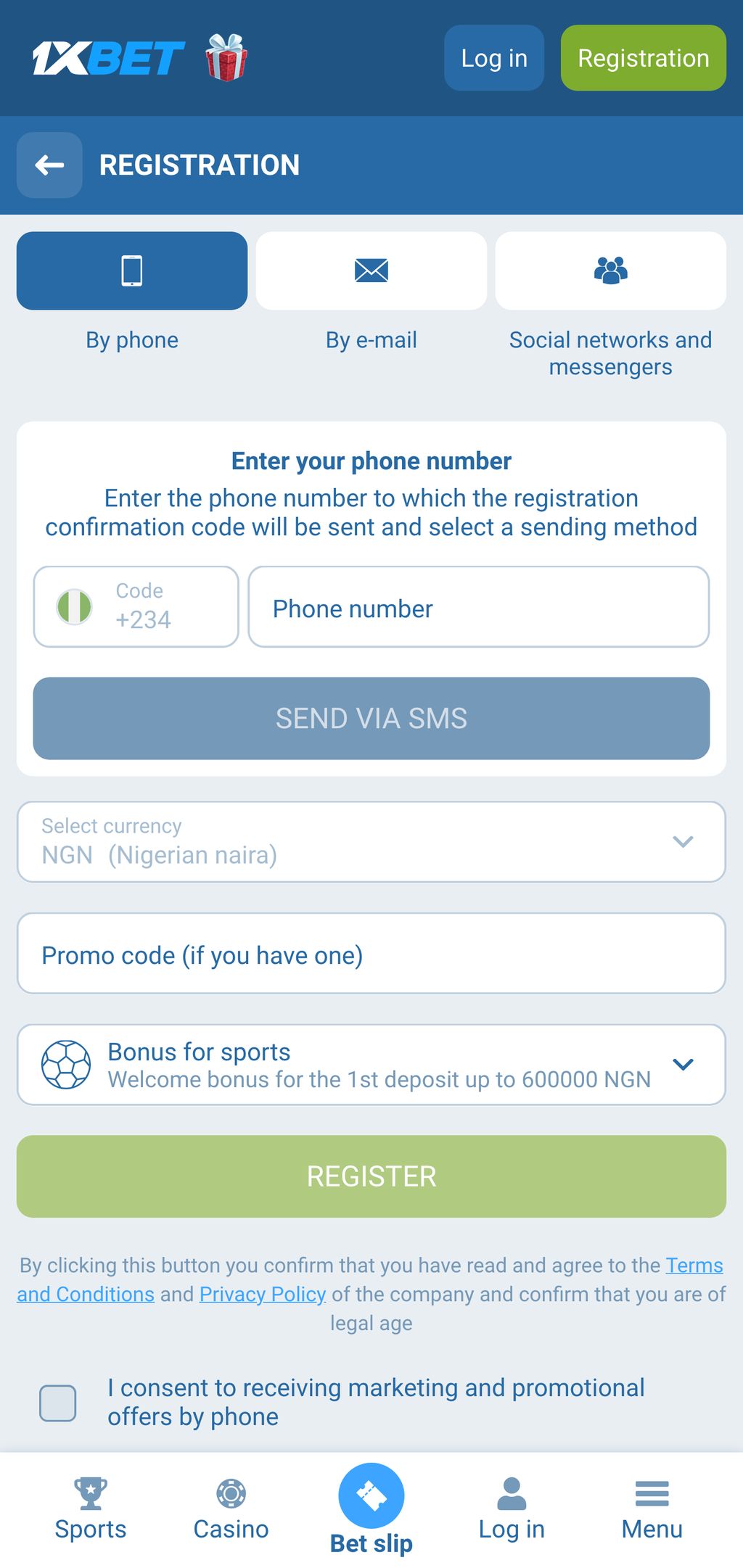 1xBet registration