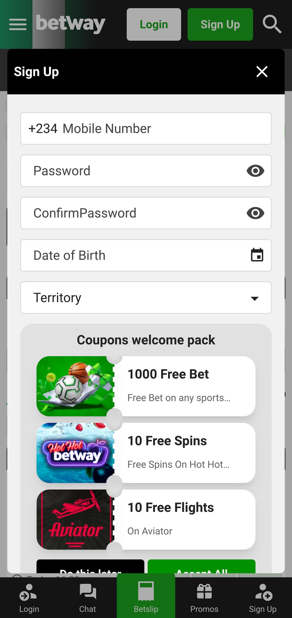 Betway registration page